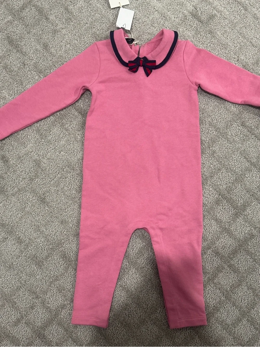 Gucci Pink Bubble Collar Baby One-Piece with Navy Bow
